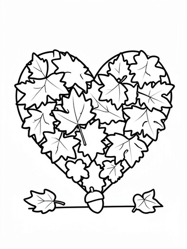 Heart shape made of overlapping autumn leaves with an acorn at the bottom point coloring page