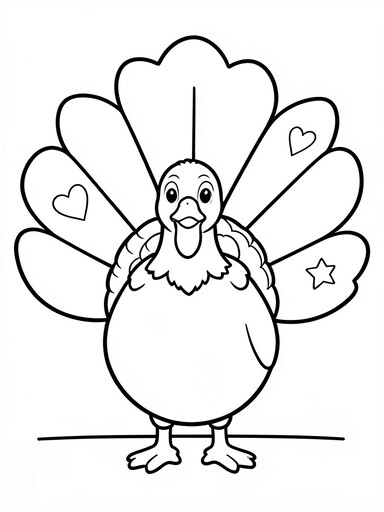 Thankful turkey coloring page with wide tail feathers decorated with heart and star symbols