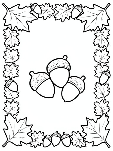 Acorn and leaf pattern coloring page with a leafy border frame and three acorns in the center