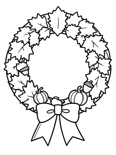 Autumn wreath coloring page with leaves, mini pumpkins, acorns, and a ribbon bow