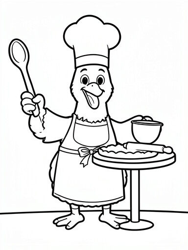 Chef turkey coloring page wearing a hat and apron with a spoon, mixing bowl, and pie