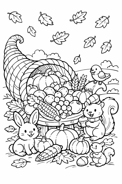 Thanksgiving cornucopia with fruit, pumpkins, rabbit, squirrel, and leaves PDF preview
