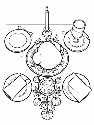 Bird's-eye view of a Thanksgiving table with turkey centerpiece and two place settings coloring page