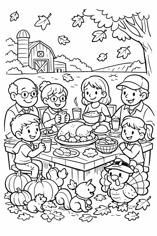 Thanksgiving family feast coloring page with turkey dinner