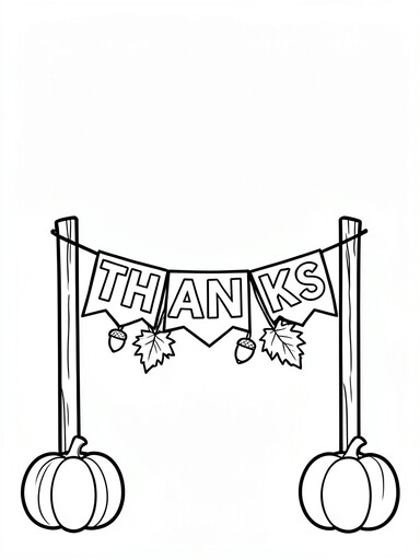 Give Thanks banner coloring page with pennant flags spelling THANKS and pumpkins