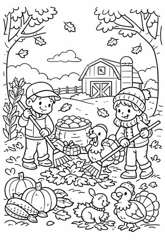 Kids raking leaves with a turkey and pumpkins on Thanksgiving