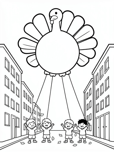 Turkey-shaped parade balloon coloring page floating above a city street with cheering kids