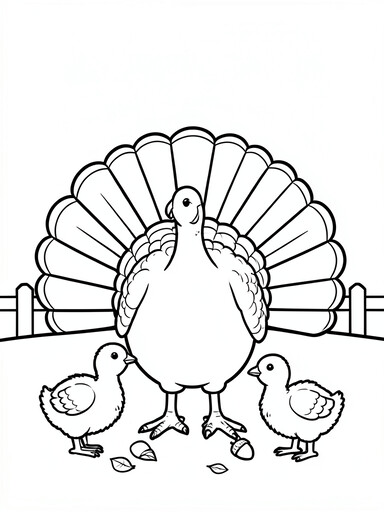 Turkey family coloring page with a parent turkey and two baby poults near a fence