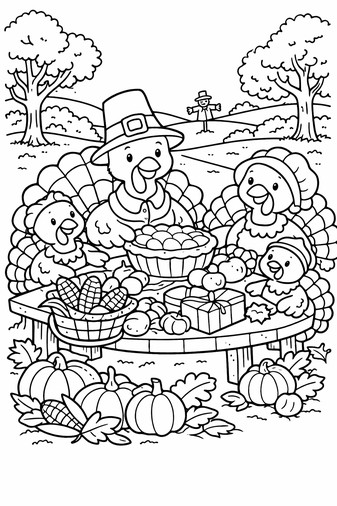 Turkeys around a harvest table with corn, fruits and pumpkins for Thanksgiving