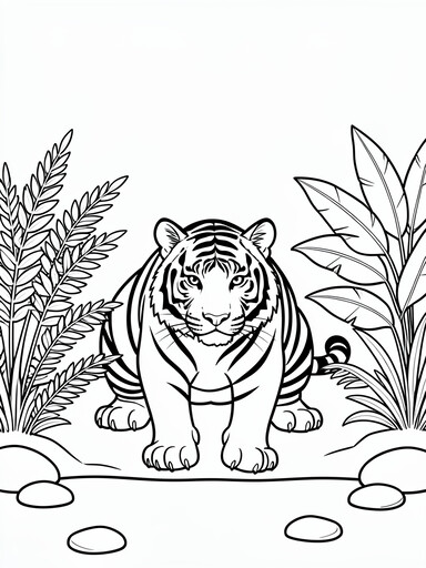 Tiger coloring page showing a striped tiger crouched beside a rocky jungle stream