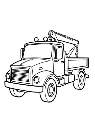 Tow truck coloring page showing a cab, raised boom arm with hanging hook and chain, and a rooftop beacon light