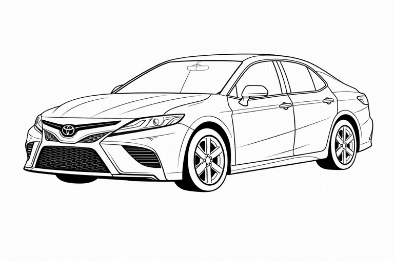 Toyota Camry coloring page showing a front three-quarter vehicle view with bold wheels, clear body lines PDF preview