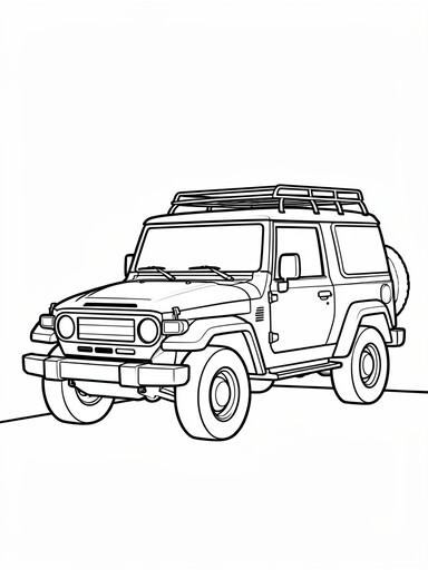 Toyota FJ Cruiser coloring page showing a boxy retro SUV with an upright windshield and roof rack