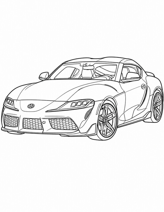 Toyota GR Supra coloring page showing a front three-quarter vehicle view with bold wheels, clear body lines PDF preview