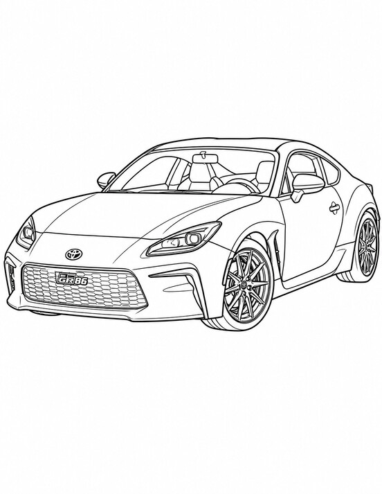 Toyota GR86 coloring page showing a front three-quarter vehicle view with bold wheels, clear body lines PDF preview