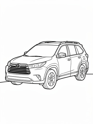 Toyota Highlander coloring page showing a three-row family SUV with roof rails and a trapezoidal grille