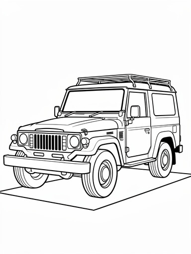 Toyota Land Cruiser coloring page showing a boxy off-road SUV with round headlights and a roof rack