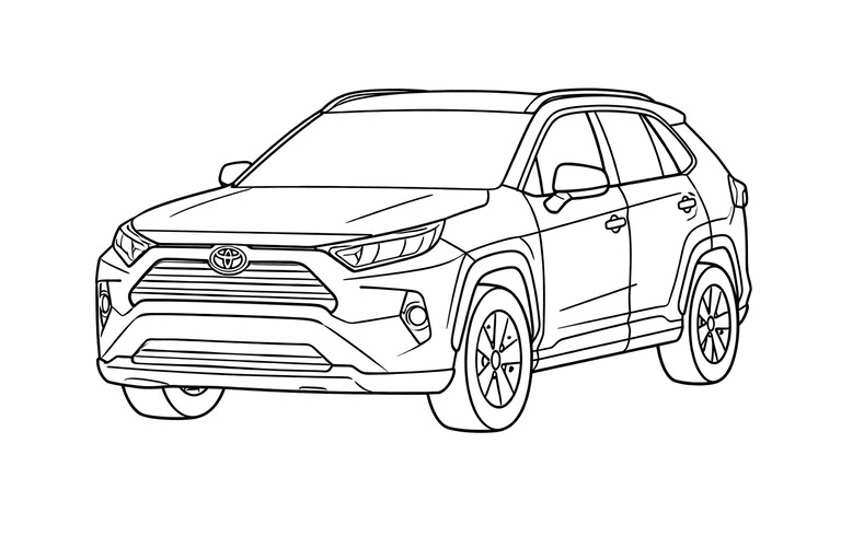 Toyota RAV4 coloring page showing a front three-quarter vehicle view with bold wheels, clear body lines PDF preview