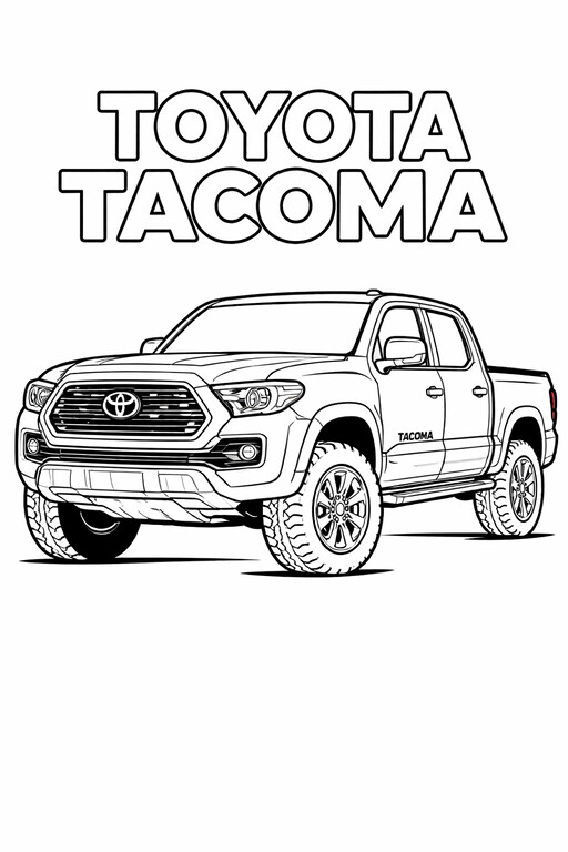Toyota Tacoma Pickup coloring page showing a front three-quarter vehicle view with bold wheels, clear body lines PDF preview