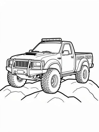 Toyota Tacoma TRD Pro coloring page showing a truck climbing a rocky mound with a roof light bar