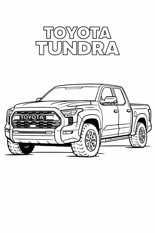 Toyota Tundra Pickup coloring page showing a front three-quarter vehicle view with bold wheels, clear body lines PDF preview