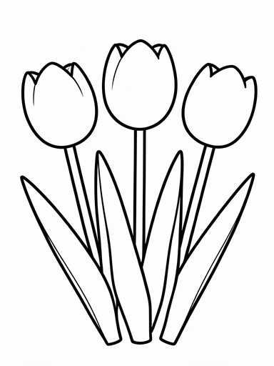 Three tulips in full bloom with cup-shaped petals and tall straight stems coloring page