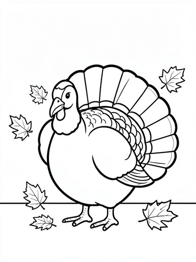 Turkey coloring page with a fanned tail standing among falling maple and oak leaves