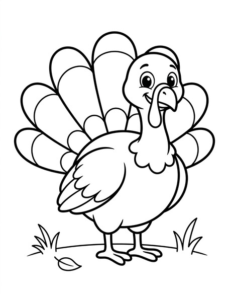 Turkey coloring page showing a friendly cartoon turkey with a wide fanned tail and grass tuft PDF preview