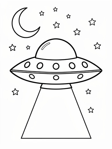 UFO flying saucer coloring page showing a domed saucer with a light beam under a crescent moon