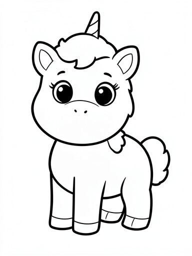 Baby unicorn coloring page with big eyes, large round head, and tiny spiral horn