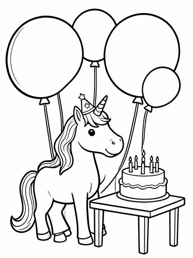 Unicorn with birthday hat, balloons, and birthday cake coloring page