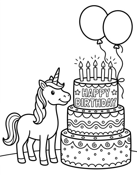 Unicorn beside birthday cake with candles and balloons coloring page