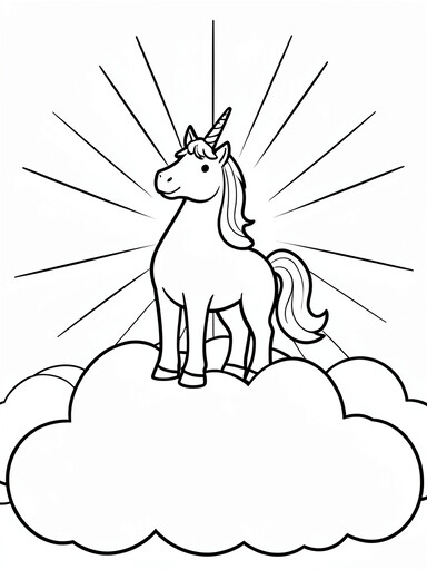 Unicorn on cloud coloring page with unicorn standing on fluffy clouds and sun rays behind