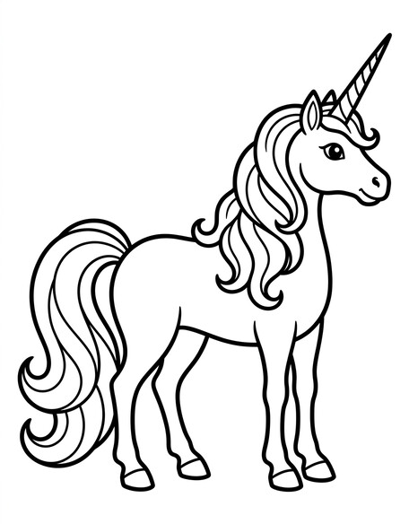 Classic unicorn standing in side profile coloring page