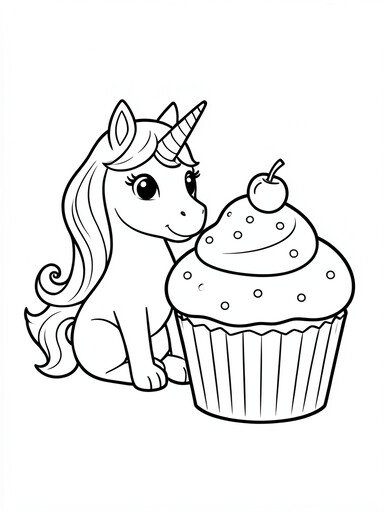 Unicorn and cupcake coloring page with giant cupcake, frosting swirl, and round sprinkles