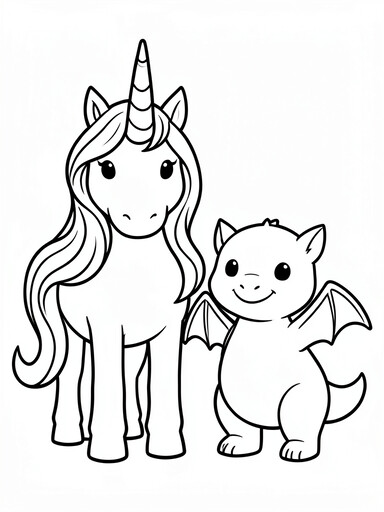 Unicorn and dragon coloring page with friendly baby dragon and unicorn standing together
