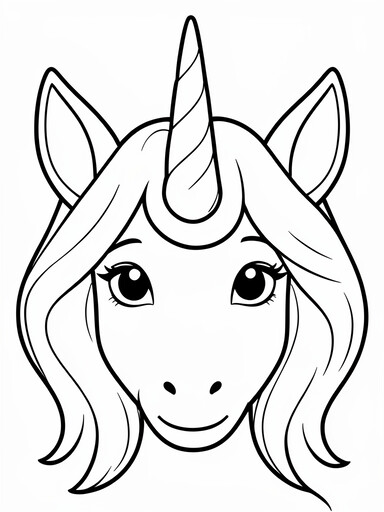 Large close-up unicorn face portrait with spiral horn and flowing mane coloring page