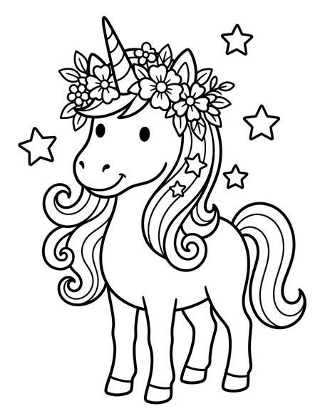 Unicorn Flower Crown and Stars coloring page showing a unicorn wearing a flower crown with stars around it PDF preview