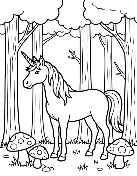 Unicorn standing in forest among trees and mushrooms coloring page