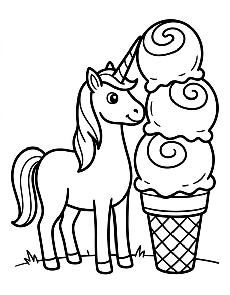 Unicorn beside giant three-scoop ice cream cone coloring page