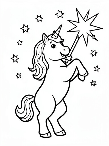 Unicorn magic wand coloring page with unicorn rearing up, star wand, and burst of stars