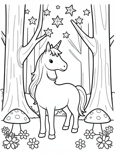 Unicorn in enchanted forest with trees, stars, and mushrooms coloring page