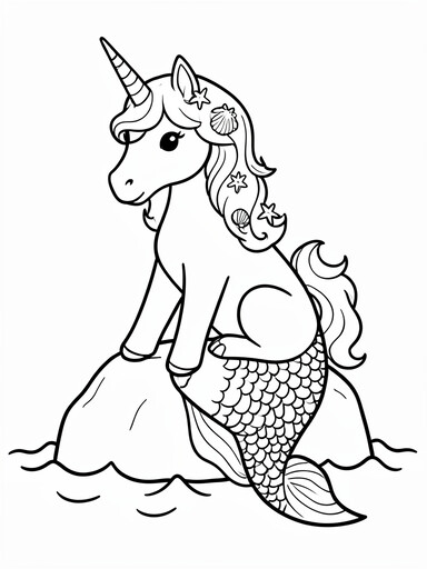 Unicorn mermaid with fish tail and seashell-decorated mane coloring page