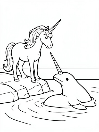 Unicorn and narwhal coloring page with unicorn at shore and narwhal in waves
