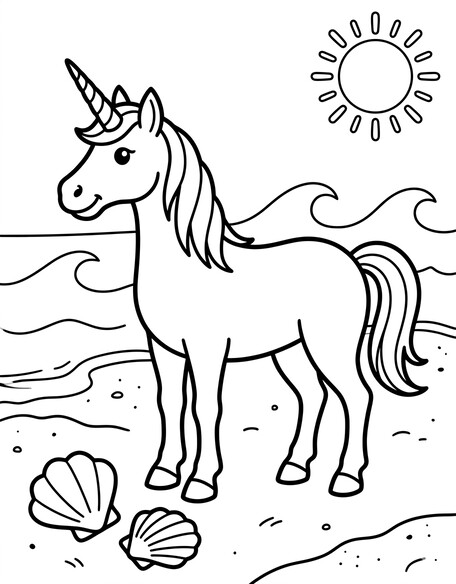 Unicorn on sandy beach with waves and seashells coloring page