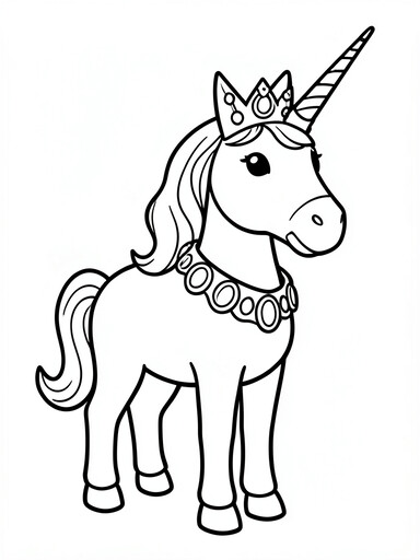 Unicorn princess coloring page with jeweled crown and gem-studded collar