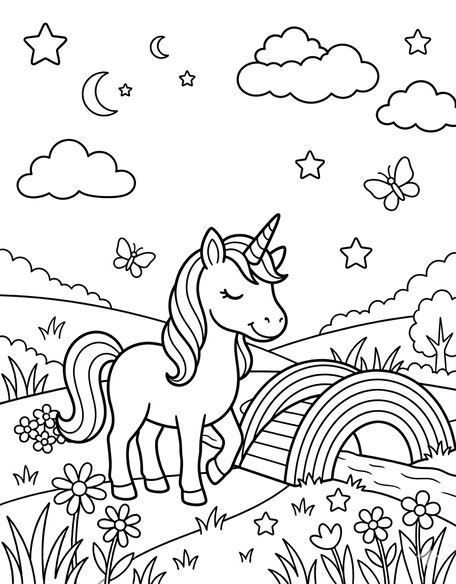 Unicorn Rainbow Bridge and Flowers coloring page showing a unicorn beside a rainbow bridge with flowers around it PDF preview