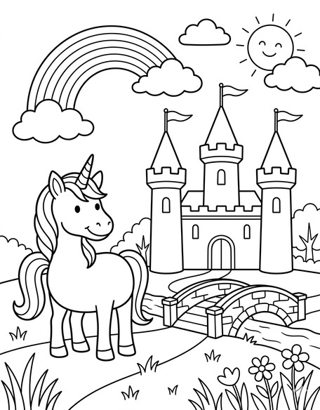 Unicorn Rainbow Castle coloring page showing a unicorn near a rainbow and a fairytale castle PDF preview