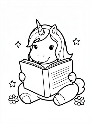 Unicorn reading coloring page with unicorn sitting and holding an open book with stars nearby