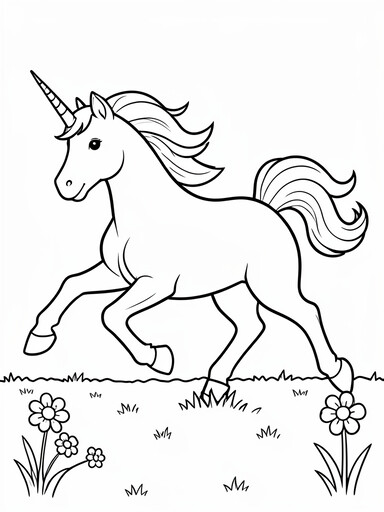 Unicorn prancing across a field with flowers and flowing mane coloring page